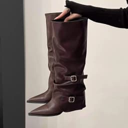 Vintage Thick Heel Woman Long Boots Shoes Spring Autumn Ladies Elegant Belt Buckle Knight Botas