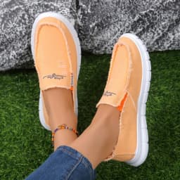 Canvas Slip-On Flats, Frayed Cut Collar Trim, Daisy Vine Stitch Graphic Diamond Lattice White Outsole Commute Lifestyle Shoes