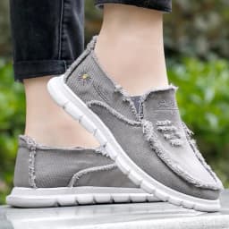 Canvas Slip-On Flats, Frayed Cut Collar Trim, Daisy Vine Stitch Graphic Diamond Lattice White Outsole Commute Lifestyle Shoes