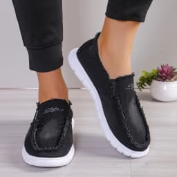 Canvas Slip-On Flats, Frayed Cut Collar Trim, Daisy Vine Stitch Graphic Diamond Lattice White Outsole Commute Lifestyle Shoes
