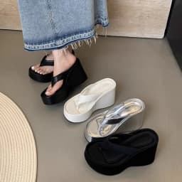 2026 New Design Summer Chunky Woman Slippers Fashion Platform Wedges High Heel Silvery Ladies Shoes Zapatillas De Mujer