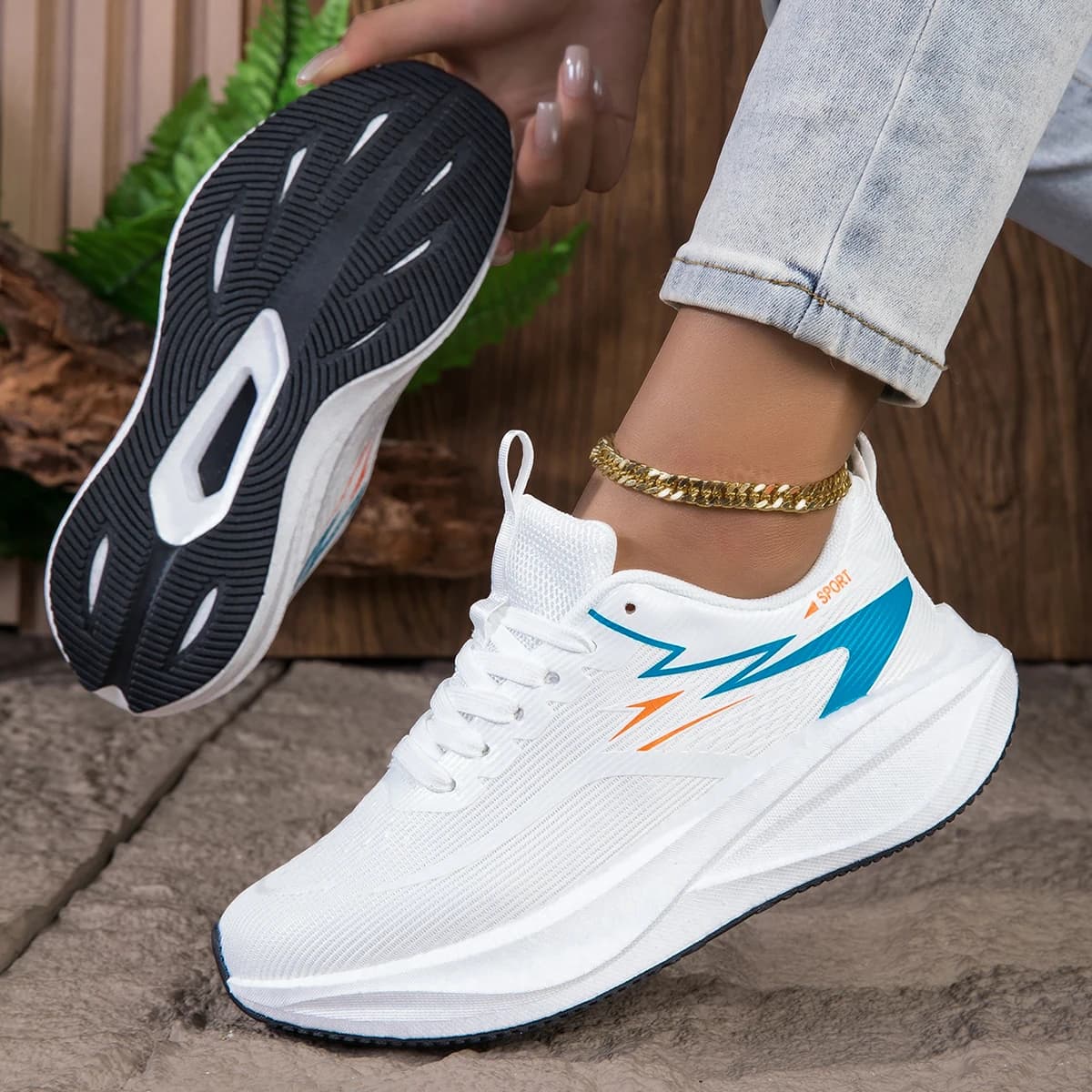 Women's Breathable Mesh Running Sneakers, Lightweight Cushioning Wedge-Shaped Thick-Soled Casual Running Shoes, Non-Slip Rubber Outsole, Walking Training Shoes, Trendy White and Blue Color Scheme, Daily Jogging Fitness Casual Shoes