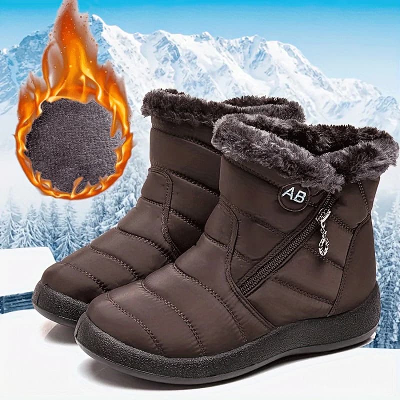 Winter Snow Ankle Boots, Full Deep Fuzzy Plush Inner Lining, Side Diagonal Zipper with Decorative Ring Pull Outdoor Cold Shoes