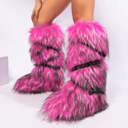 Red Animal Fur Belt Buckle Mid-Calf Boots Platform Round Toe Plush Warm Winter Women's Boots Slip On Rivet Runway Shoes Sexy