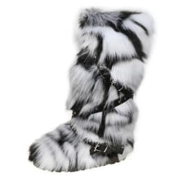 Red Animal Fur Belt Buckle Mid-Calf Boots Platform Round Toe Plush Warm Winter Women's Boots Slip On Rivet Runway Shoes Sexy