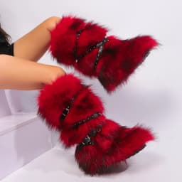 Red Animal Fur Belt Buckle Mid-Calf Boots Platform Round Toe Plush Warm Winter Women's Boots Slip On Rivet Runway Shoes Sexy