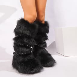 Red Animal Fur Belt Buckle Mid-Calf Boots Platform Round Toe Plush Warm Winter Women's Boots Slip On Rivet Runway Shoes Sexy