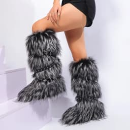 Red Animal Fur Belt Buckle Mid-Calf Boots Platform Round Toe Plush Warm Winter Women's Boots Slip On Rivet Runway Shoes Sexy