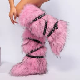 Red Animal Fur Belt Buckle Mid-Calf Boots Platform Round Toe Plush Warm Winter Women's Boots Slip On Rivet Runway Shoes Sexy