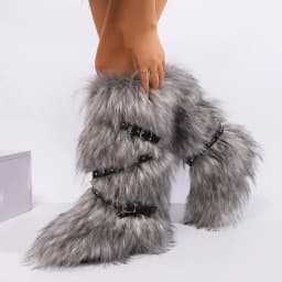 Red Animal Fur Belt Buckle Mid-Calf Boots Platform Round Toe Plush Warm Winter Women's Boots Slip On Rivet Runway Shoes Sexy