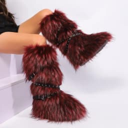 Red Animal Fur Belt Buckle Mid-Calf Boots Platform Round Toe Plush Warm Winter Women's Boots Slip On Rivet Runway Shoes Sexy
