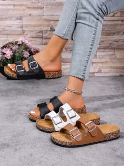 Women's Summer and Spring/Autumn Casual Simple Buckle Cork-Patterned Adjustable Pu Upper Flat Slip-On Double-Strap Sandals Beach Slippers for Home and Outdoor Use