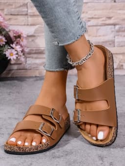 Women's Summer and Spring/Autumn Casual Simple Buckle Cork-Patterned Adjustable Pu Upper Flat Slip-On Double-Strap Sandals Beach Slippers for Home and Outdoor Use