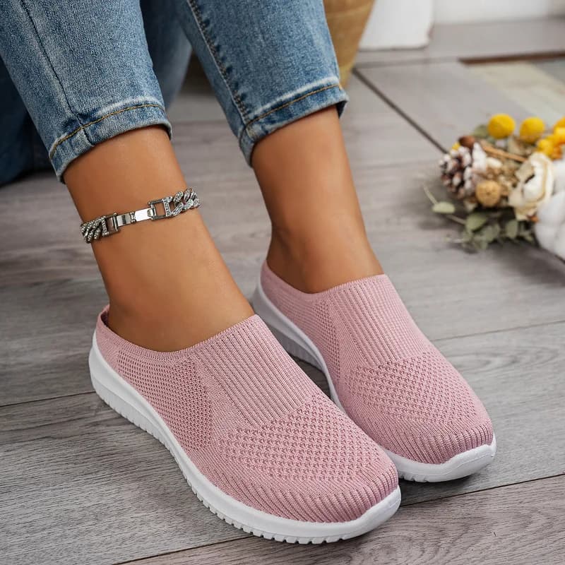 Polyester Backless Slip On Mom Mules Women Breathable Non Slip Soft EVA Insole Low Heel Daily Walking Casual Shoes