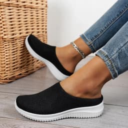 Polyester Backless Slip On Mom Mules Women Breathable Non Slip Soft EVA Insole Low Heel Daily Walking Casual Shoes