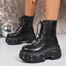 Goth New Punk Women Platform Ankle Boots Female's Rock Round Toe Lace Up Fashion Retro Chunky Shoes Metal Decor Short Booties