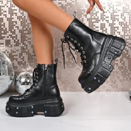 Goth New Punk Women Platform Ankle Boots Female's Rock Round Toe Lace Up Fashion Retro Chunky Shoes Metal Decor Short Booties
