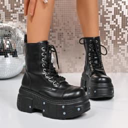 Goth New Punk Women Platform Ankle Boots Female's Rock Round Toe Lace Up Fashion Retro Chunky Shoes Metal Decor Short Booties