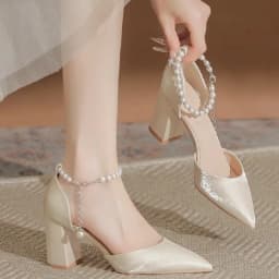 2025 New Elegant Pearl-Embellished Satin Heels - 5cm Chunky Low Heel Bridal Shoes with Adjustable Ankle Strap