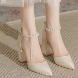 2025 New Elegant Pearl-Embellished Satin Heels - 5cm Chunky Low Heel Bridal Shoes with Adjustable Ankle Strap
