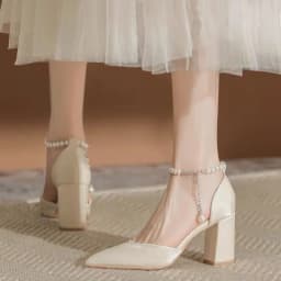 2025 New Elegant Pearl-Embellished Satin Heels - 5cm Chunky Low Heel Bridal Shoes with Adjustable Ankle Strap