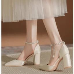 2025 New Elegant Pearl-Embellished Satin Heels - 5cm Chunky Low Heel Bridal Shoes with Adjustable Ankle Strap