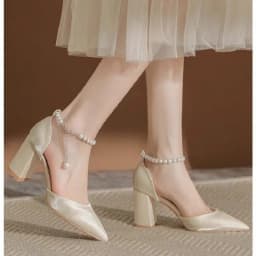 2025 New Elegant Pearl-Embellished Satin Heels - 5cm Chunky Low Heel Bridal Shoes with Adjustable Ankle Strap