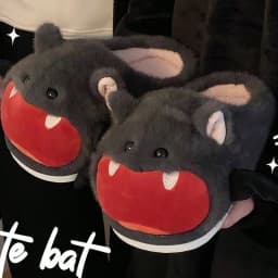 Women House Fur Slippers Casual Cute Lovely Bat Design Dark Grey Winter Indoor Non-slip Warm Soft Soles Comfy Home Female New