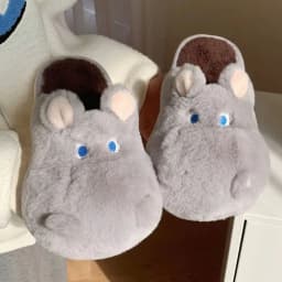Women House Fur Slippers Casual Cute Lovely Bat Design Dark Grey Winter Indoor Non-slip Warm Soft Soles Comfy Home Female New