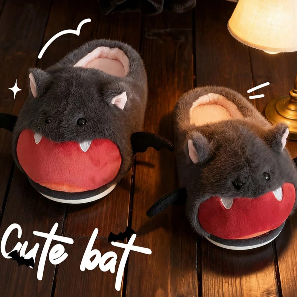 Women House Fur Slippers Casual Cute Lovely Bat Design Dark Grey Winter Indoor Non-slip Warm Soft Soles Comfy Home Female New