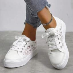 Women Shoes Fashion Summer Casual White Shoes Cutouts Lace Canvas Hollow Breathable Platform Flat Shoes Woman Sneakers