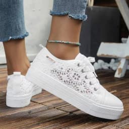 Women Shoes Fashion Summer Casual White Shoes Cutouts Lace Canvas Hollow Breathable Platform Flat Shoes Woman Sneakers