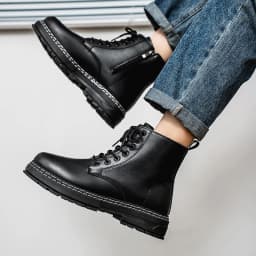 British Style Black High Top Work Boots, Platform Height Increasing Ankle Boots for Outdoor & Commute