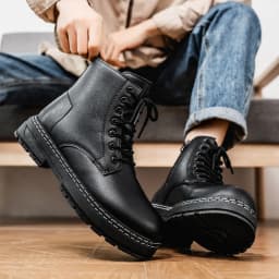 British Style Black High Top Work Boots, Platform Height Increasing Ankle Boots for Outdoor & Commute