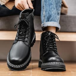 British Style Black High Top Work Boots, Platform Height Increasing Ankle Boots for Outdoor & Commute
