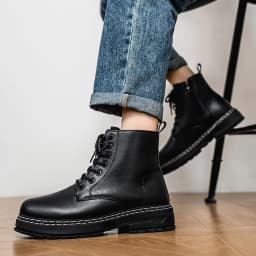 British Style Black High Top Work Boots, Platform Height Increasing Ankle Boots for Outdoor & Commute