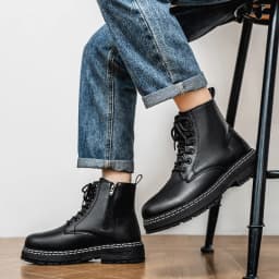 British Style Black High Top Work Boots, Platform Height Increasing Ankle Boots for Outdoor & Commute