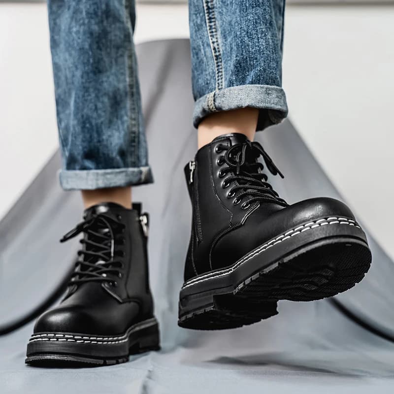 British Style Black High Top Work Boots, Platform Height Increasing Ankle Boots for Outdoor & Commute