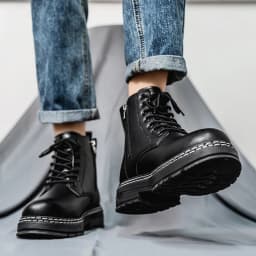 British Style Black High Top Work Boots, Platform Height Increasing Ankle Boots for Outdoor & Commute