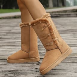 Women Snow Boots Winter Mid-calf Boots Warm Cotton Shoes Fashion Solid Color Button Ladies Brown Long Boots Plus Size 36-42