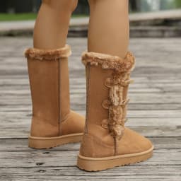 Women Snow Boots Winter Mid-calf Boots Warm Cotton Shoes Fashion Solid Color Button Ladies Brown Long Boots Plus Size 36-42