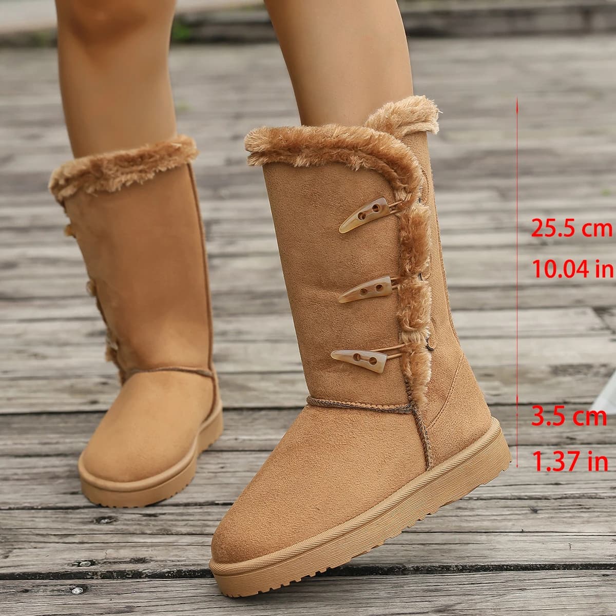 Women Snow Boots Winter Mid-calf Boots Warm Cotton Shoes Fashion Solid Color Button Ladies Brown Long Boots Plus Size 36-42