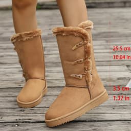 Women Snow Boots Winter Mid-calf Boots Warm Cotton Shoes Fashion Solid Color Button Ladies Brown Long Boots Plus Size 36-42