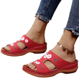 Women Leather Flower Embroidered Vintage Casual Soft Footbed Orthopedic Arch-Support Sandals For Daily Wear For Beach