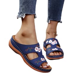 Women Leather Flower Embroidered Vintage Casual Soft Footbed Orthopedic Arch-Support Sandals For Daily Wear For Beach