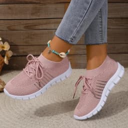 New Women Casual Flats Ladies Sport Shoes Woman Slip On Lace-Up Shoes All Color Chunky Sole Fashion Fly Knitting Mesh Shoes