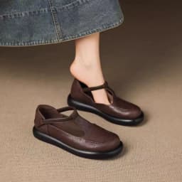 Vintage ChocolateBrown Round Toe Mary Jane Flats Soft Leather Slip-On Loafers Comfortable Casual Shoes Backless Mules Streetwear