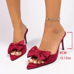 Women Bow Decor Slide Mules, Pointed Open Toe Stiletto High Heel Slippers, Solid Color Suede Summer Party Sandals