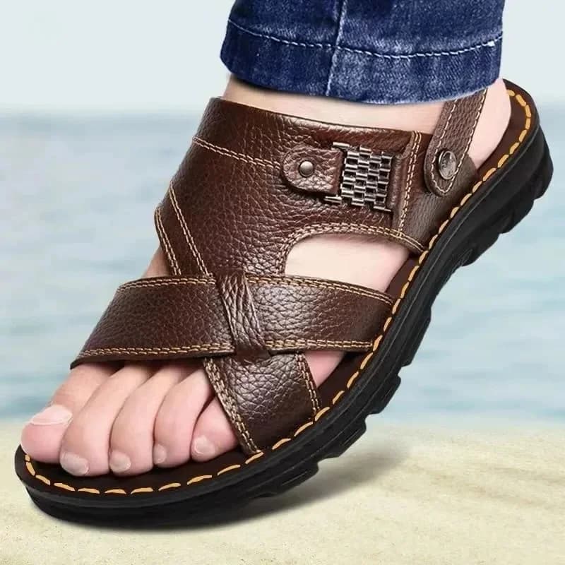 Summer Men Leather Sandals Leather Non-slip Men Shoes Slippers Outdoor Thick-soled Beach Shoes Comfor Soft Men Sandas