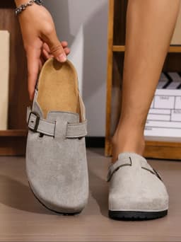 Men's Spring and Autumn Casual Simple Buckle Flat Heel Set Wear Soft Wood Grain Solid Color PU Shoes Bread Head Beach Slippers C